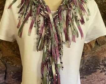 Elegant Purple Green Scarf Necklace, Dress Accessories, Fringed Yarn Scarf
