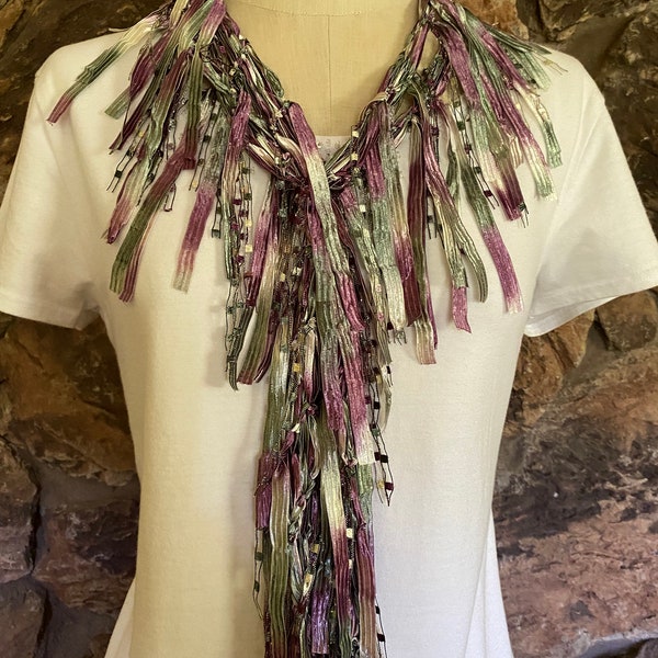 Elegant scarf for women, Purple and green scarf, Trendy gift for her, Sage green scarf, Scarf for mom, Dress accessories, Fringe scarf,
