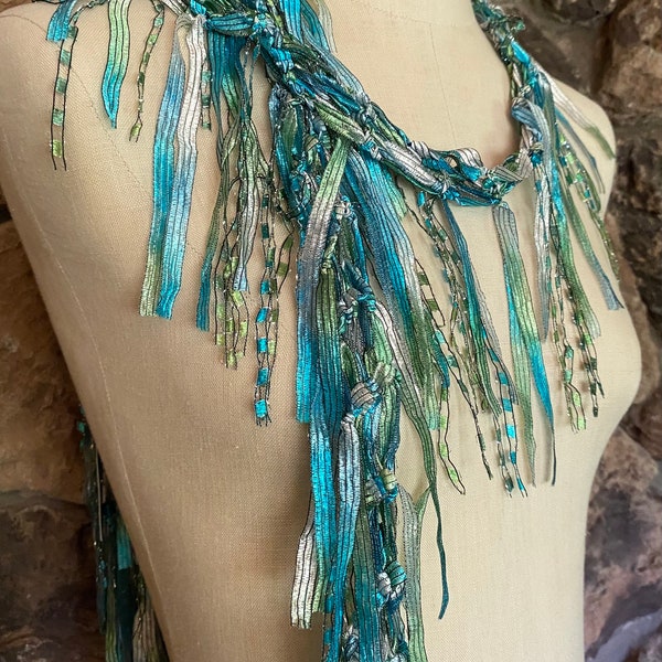 Summer scarf for women, Turquoise scarf necklace, Sea glass scarf, Aqua color scarf, Unique gift for mom, Light weight scarf,Fabric necklace
