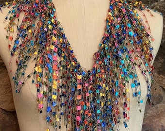Fringed Rainbow Scarf for Women, Colorful Lightweight Yarn Necklace, Festival accessories, Boho Gift, Art to Wear