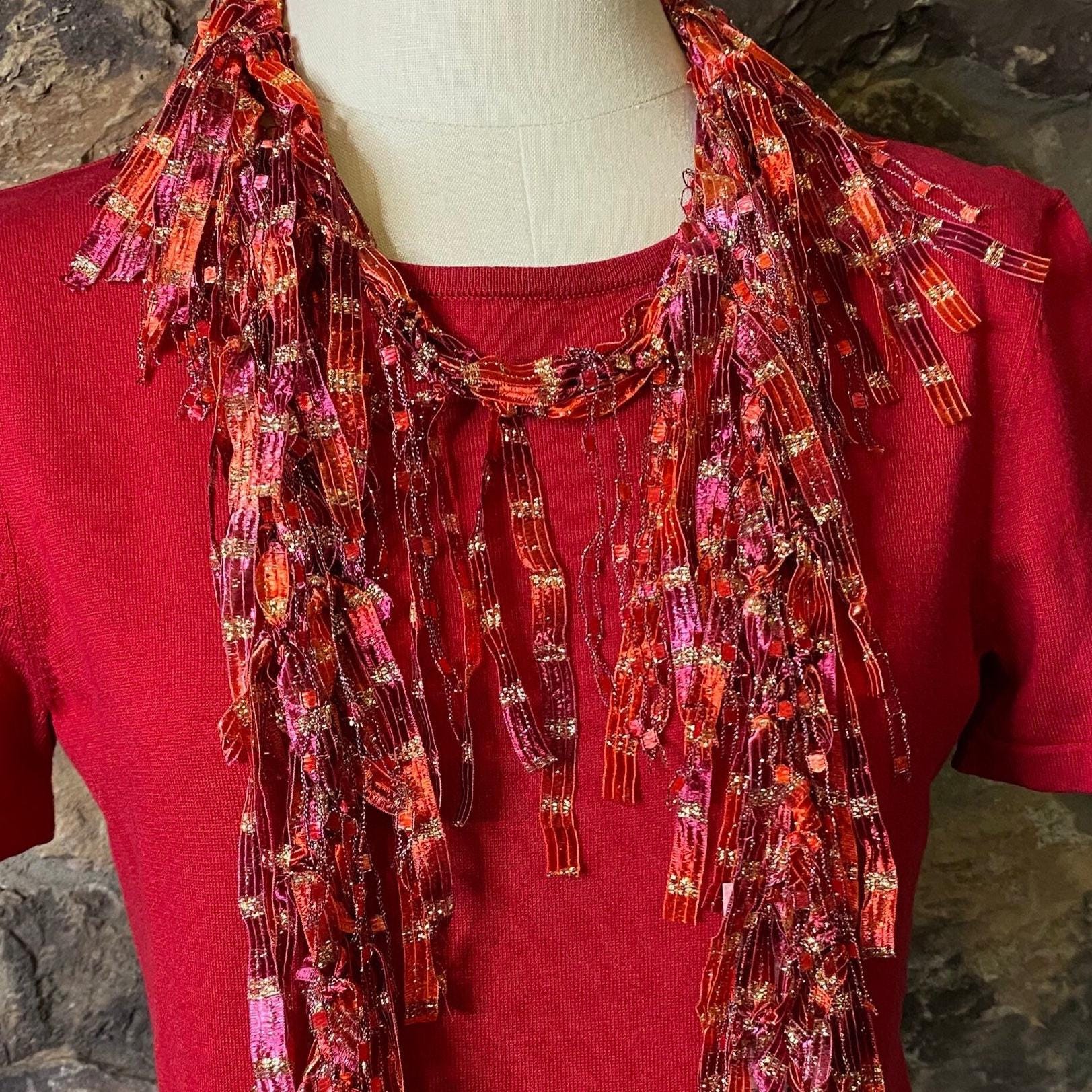 Wearable Ribbon Red and Gold Sparkly Scarf, Unique Novelty Ribbon Necklace, Classy ...