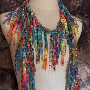 Rainbow Scarf with Gold, Lightweight Colorful Summer Accessory, Bohemian Accessories, Multicolor scarf necklace