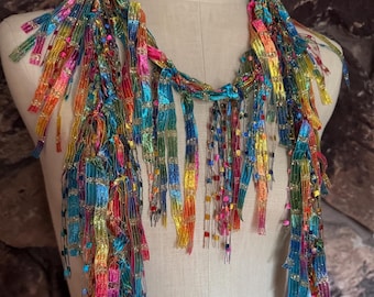Rainbow Scarf with Gold, Lightweight Colorful Summer Accessory, Bohemian Accessories, Multicolor scarf necklace