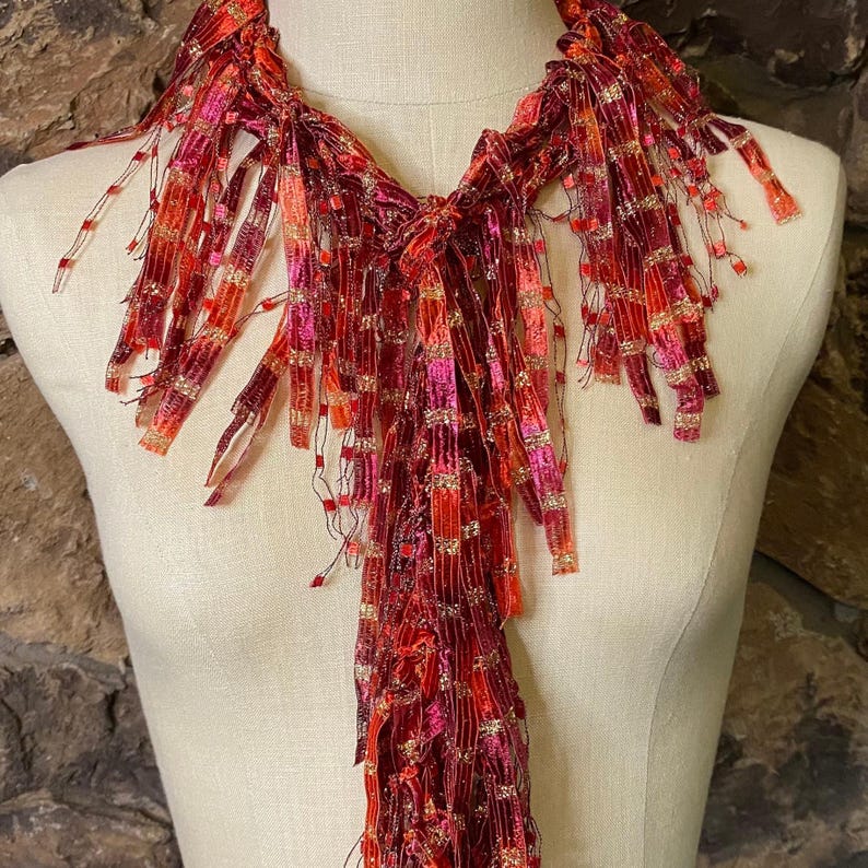 Wearable Ribbon Red and Gold Sparkly Scarf, Unique Novelty Ribbon Necklace, Classy ...