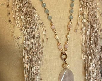 Neutral Fringe Scarf Necklace, Boho Fiber Jewelry, Feminine Gift for Her, Artsy Scarf