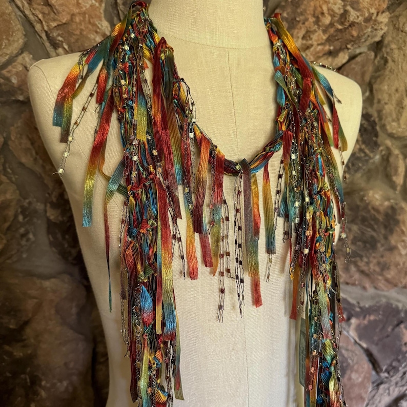Earth toned scarf necklace, Copper Moss Green and Blue Ribbon Scarf, Art to wear gift image 8