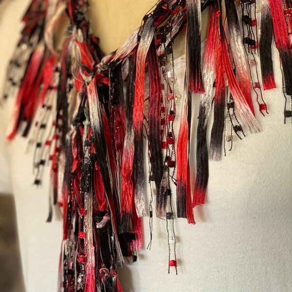 Black red white scarf necklace, Fringe scarf, Best birthday gift for mom, Textile jewelry, Scarves for women handmade, Lightweight scarf