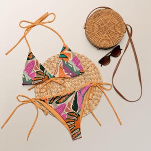 Tangerine Tropic Bikini – Abstract Print String Swimsuit – Retro Y2K Two Piece Bathing Suit