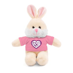 May include: A plush pink bunny wearing a pink shirt with a white heart that says "BESTIE" in purple letters.