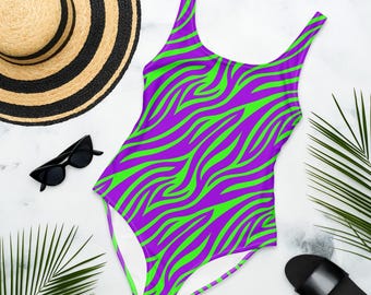 Neon Zebra Badeanzug - Lila Grüner Retro Badeanzug - Y2K Animal Print Bademode