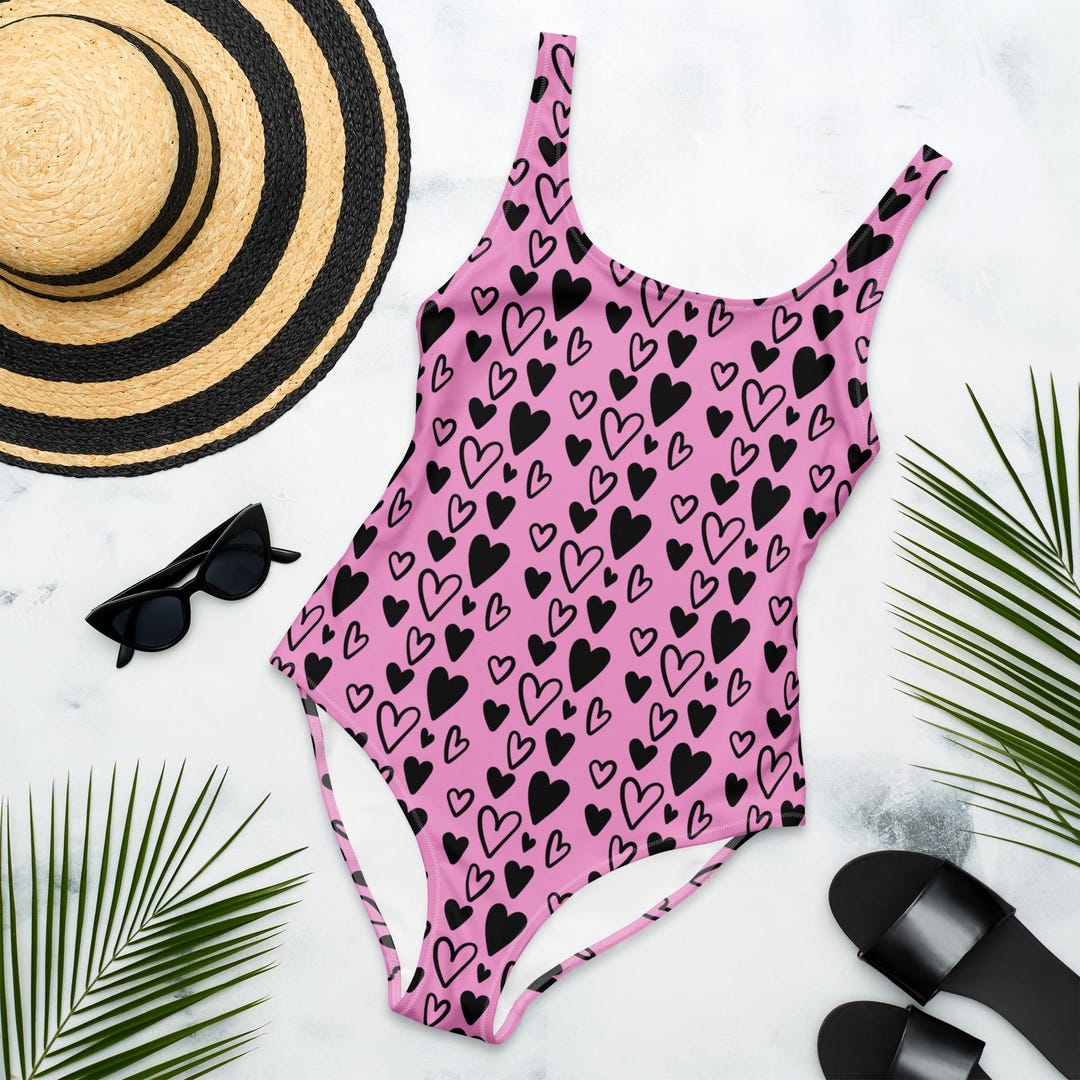 Pink Heart One-piece Swimsuit – Cute Love Print Bathing Suit – Romantic ...