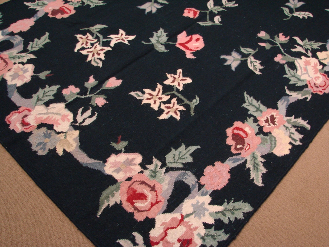 Hand Woven Flat Weave Dhurrie Floral Style Area Rug Etsy