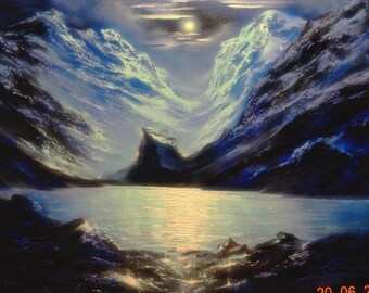 Moonlit Mountain Oil Painting, Night Lake Landscape, Atmospheric Nature Artwork