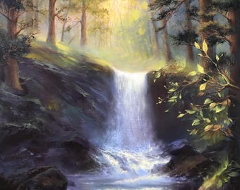 Original Oil Painting – Forest Waterfall Landscape, Calming Nature Wall Art, Ukrainian Artist