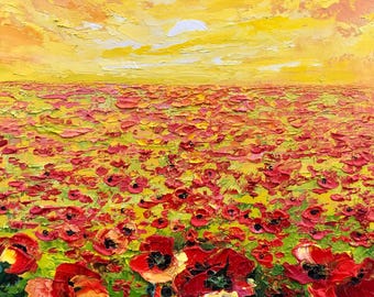 Textured Poppy Field Oil Painting – Golden Light Floral Impasto Art