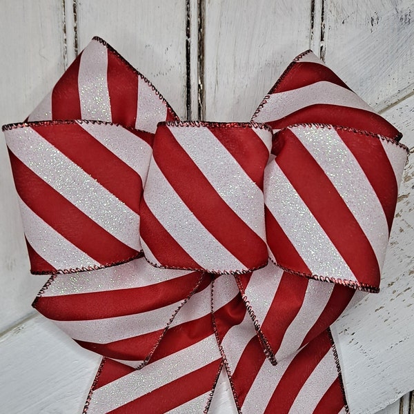 Hand-Made Red & White Candy Cane Glitter Holiday Bow with Wire Edges