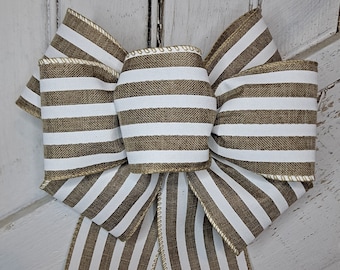 Hand-Made White Striped & Natural Rustic Burlap Wedding Bow, Bridal Bow, Pew Bows with Wire Edges
