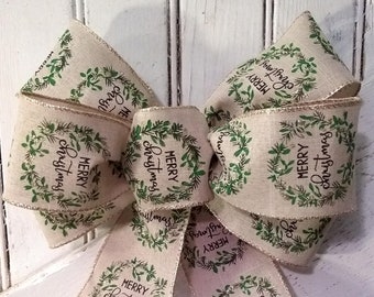 Hand-Made Linen Mistletoe Merry Christmas Bow with Wire Edges