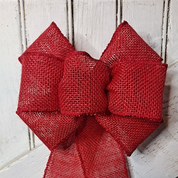 Hand-Made Red Burlap Holiday Bow with Wire Edges