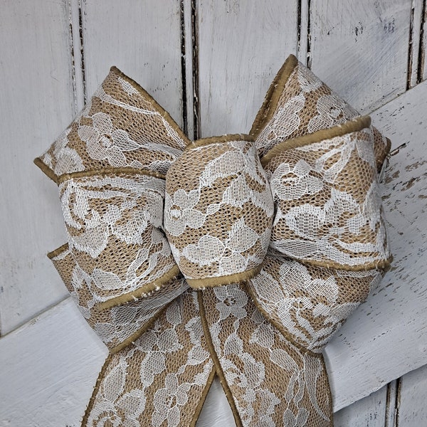 Hand-Made White Lace & Rustic Burlap Wedding Bow, Bridal Bow, Pew Bows with Wire Edges
