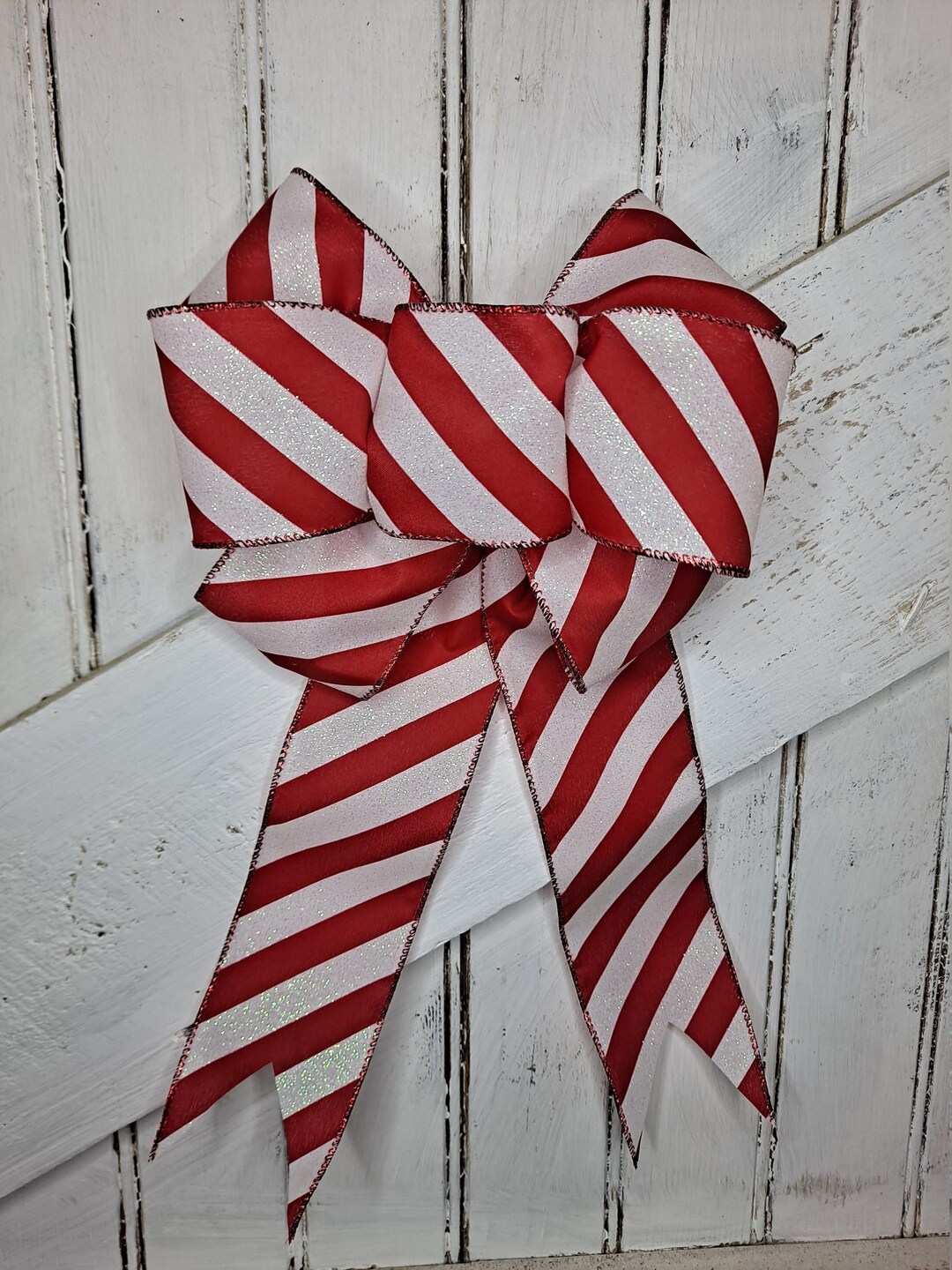Hand-made Red & White Candy Cane Glitter Holiday Bow With Wire Edges - Etsy