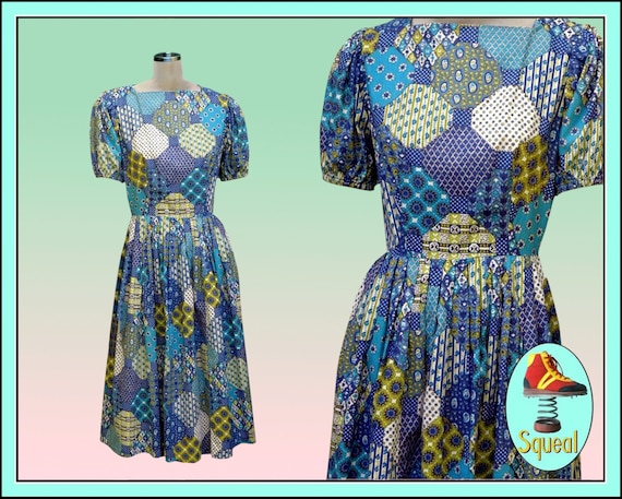 Vintage 1960s Dress Blue Patchwork Print Dress - image 1