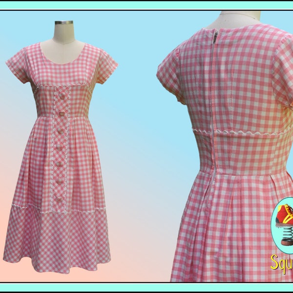 1950s Black White Embroidered Gingham Dress | XS/S