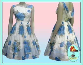 Vintage 1950s Dress Blue Floral Party Dress