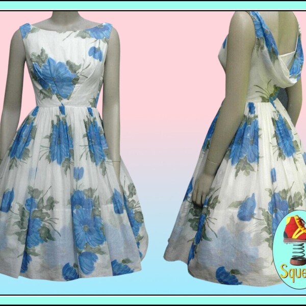 Vintage 1950s Dress Blue Floral Party Dress