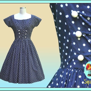 Vintage 1950s  Dress Navy and White Spot Dress
