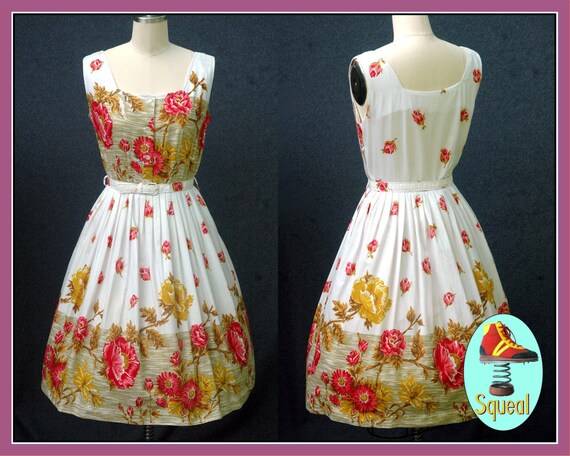 Vintage 1950s Floral Border Print Dress