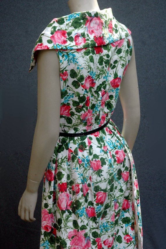 Vintage 1950s Dress Rose Print Cotton Dress - image 5