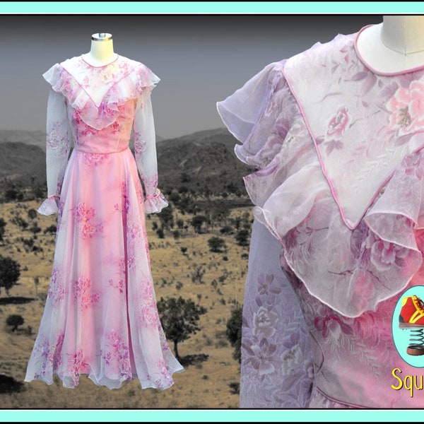 Vintage 1970s Dress Maxi Dress Victorian Pink Floral Chiffon