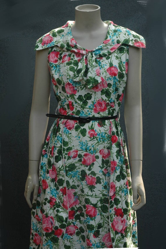 Vintage 1950s Dress Rose Print Cotton Dress - image 4