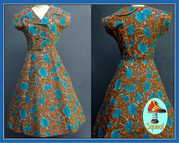 Vintage 1950s Blue Rose Print Dress