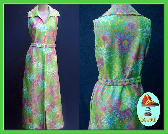 Vintage 1960s Psychadelic Floral Zip Front Maxi Dr