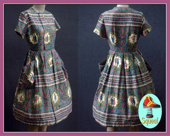 1950s Novelty Print Button Front Dress (small)