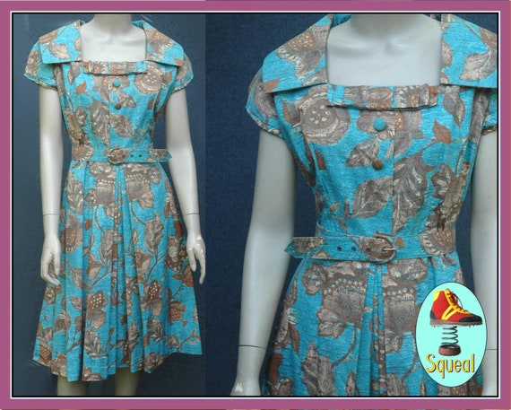 Vintage 1950s Blue Floral Pleated Dress