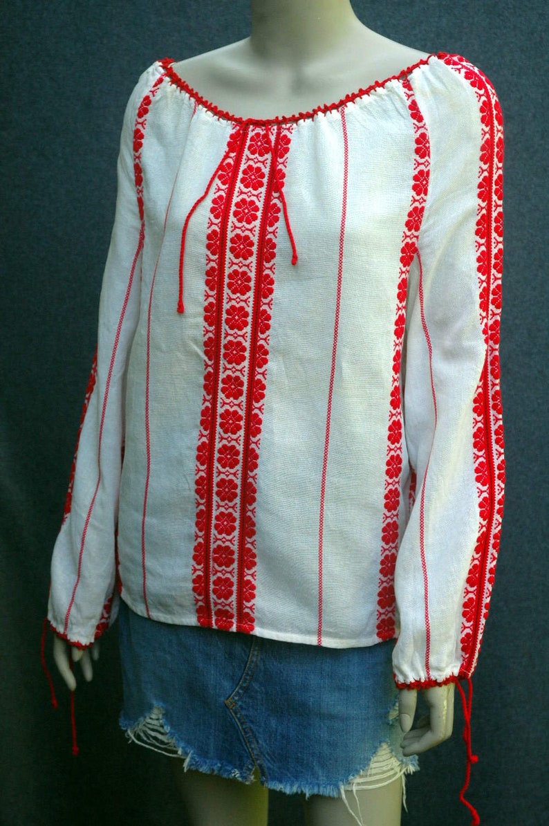Vintage 1970s Hungarian red embroidered long sleeve blouse