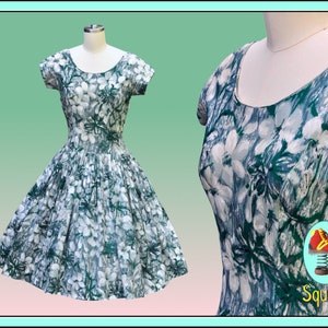 Vintage 1950s Dress Green Floral Drop Waist Dress