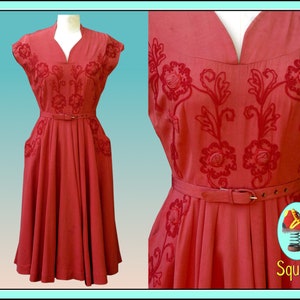 Vintage 1940s Dress Pink Dress Soutache Embroidery on Bodice