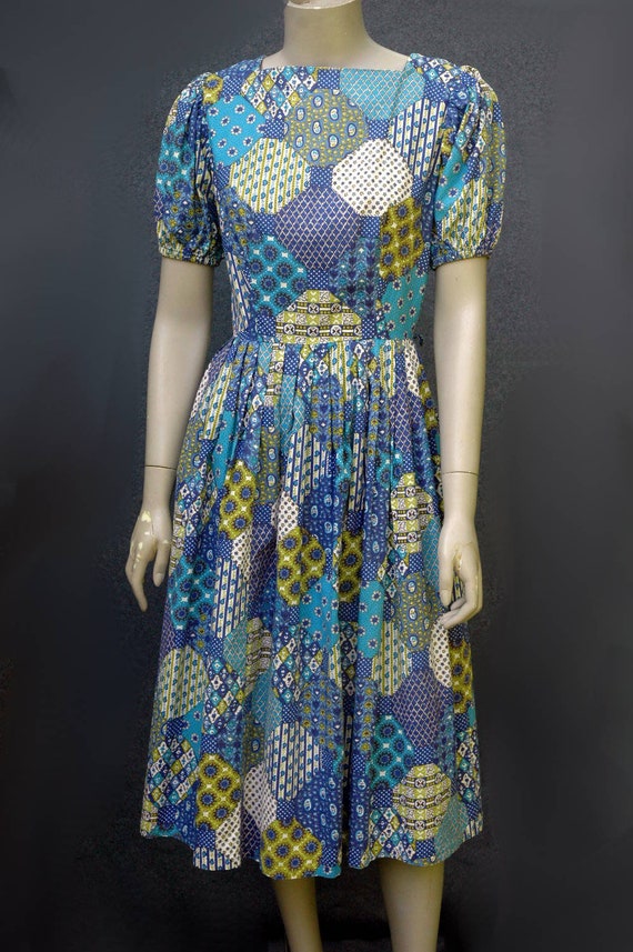 Vintage 1960s Dress Blue Patchwork Print Dress - image 2