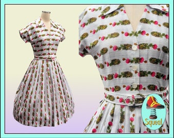 Vintage 1950s Dress Pink Floral Print Dress