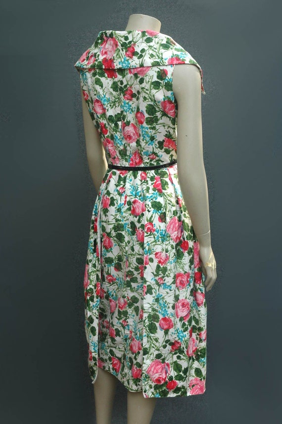 Vintage 1950s Dress Rose Print Cotton Dress - image 3