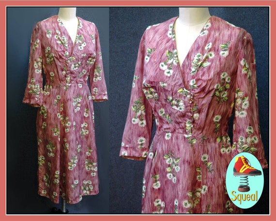 Vintage 1950s Rose Pink Floral Rayon Dress (Large