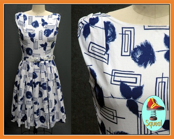 Vintage 1950s Blue Rose Print Dress