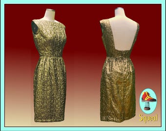 Vestido de cóctel vintage de lamé dorado de los años 50 y 60