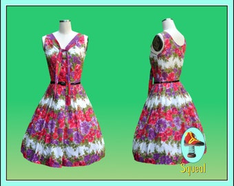 Vintage 1950s Dress Floral print Dress with Tie Collar