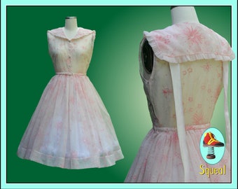 Vestido de fiesta vintage rosa con efecto flocado transparente de los años 40 y 50