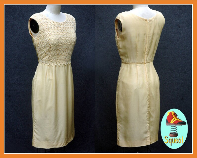Medium Vintage 50s Pale Lemon Rayon and Lace Dress